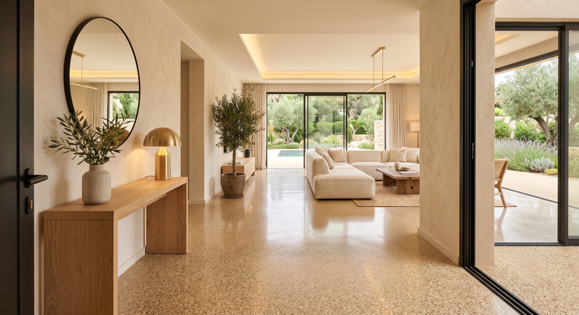 Sol intérieur décoratif en résine dans une villa contemporaine